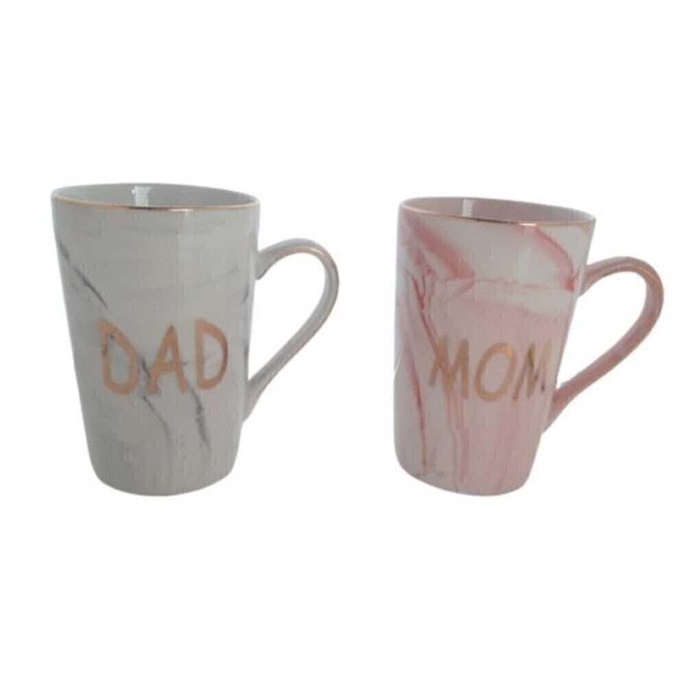Dad & Mom Esto Marble Gift Mugs Pair Gold Trim Pink & Gray Marble